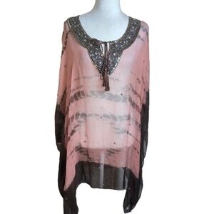 NOVICA Boho Beaded Tunic Top XL Sheer Chiffon Resort Caftan